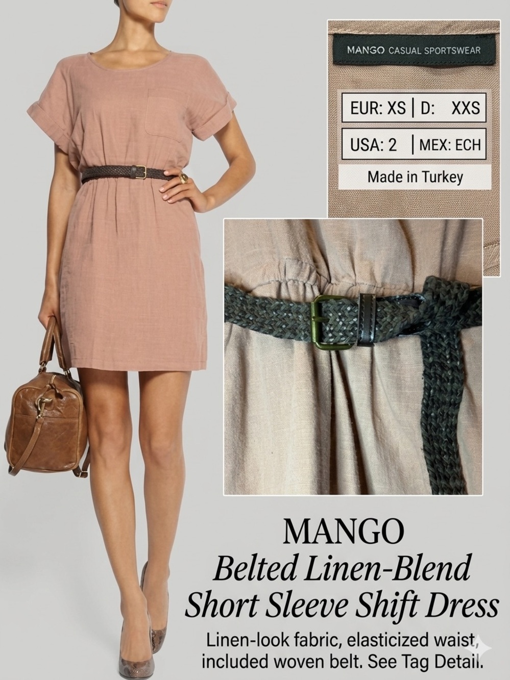 Mango Casual Sportswear Linen Blend Boho Cuffed Sleeve Dress W/ Belt Size 2